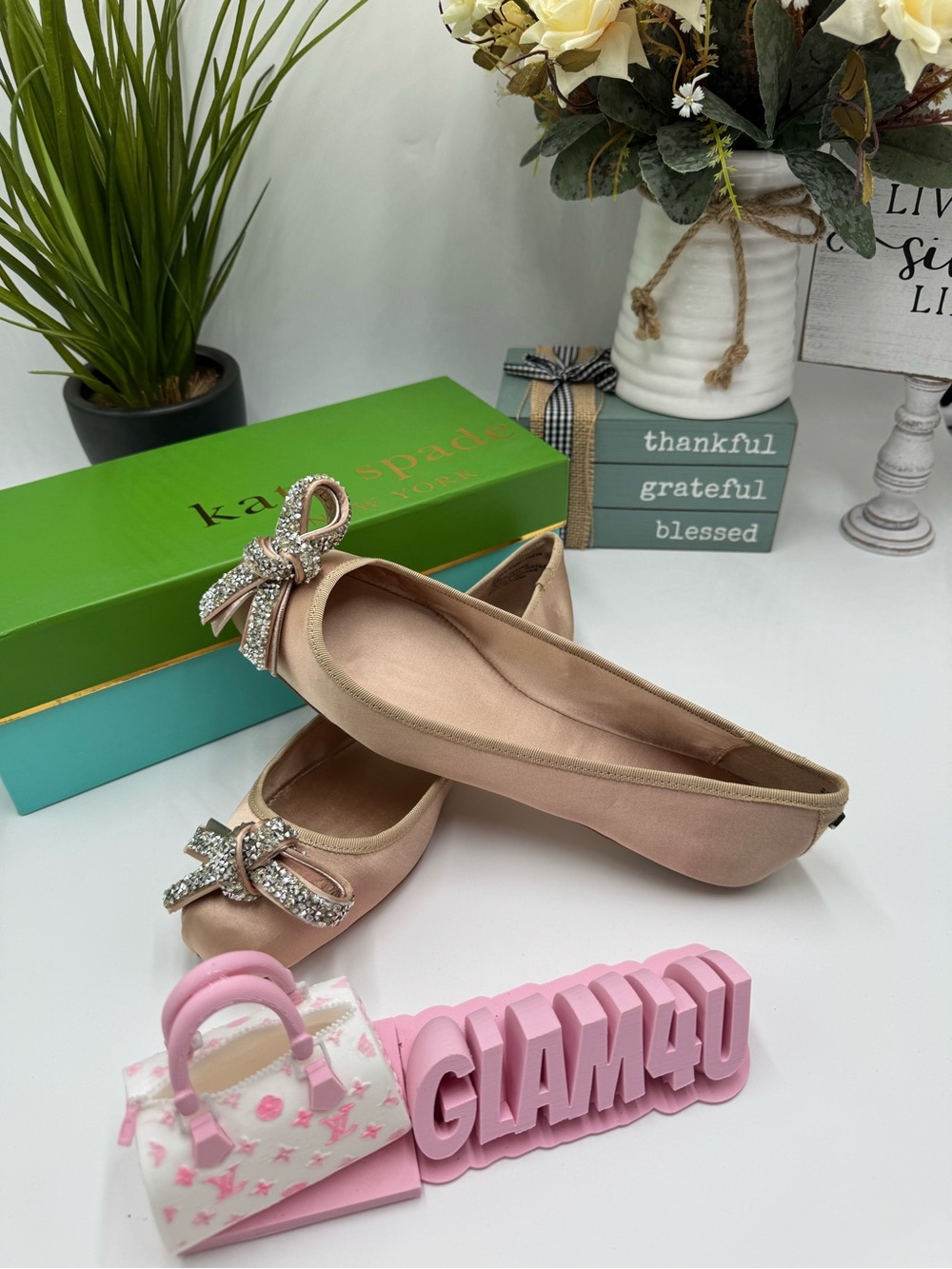 Kate Spade Freya Satin Flats 8.5 Roasted Peanut Rhinestone Crystal Bow NIB